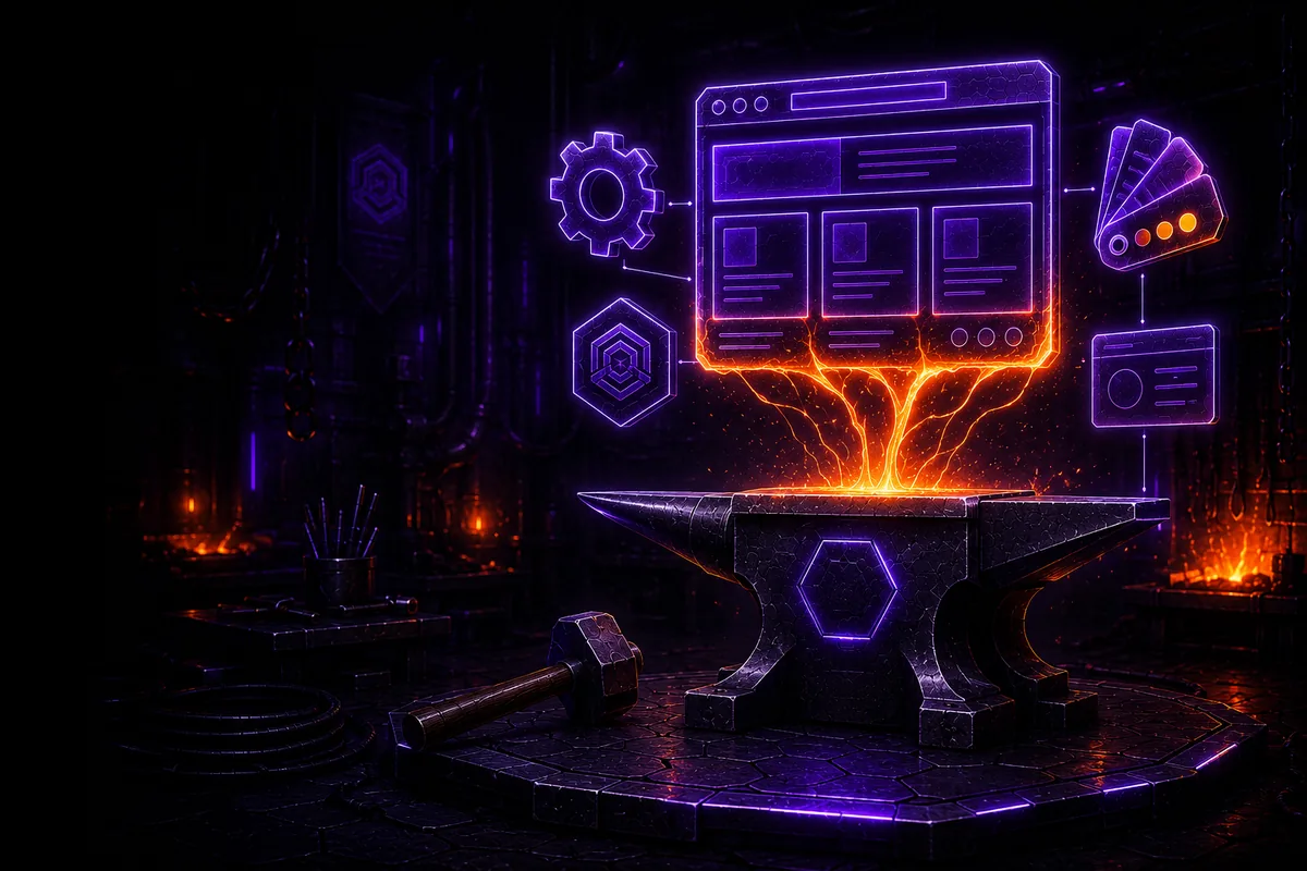 Professional web design by NerdForge Creations — a website being forged on an anvil in a high-tech workshop